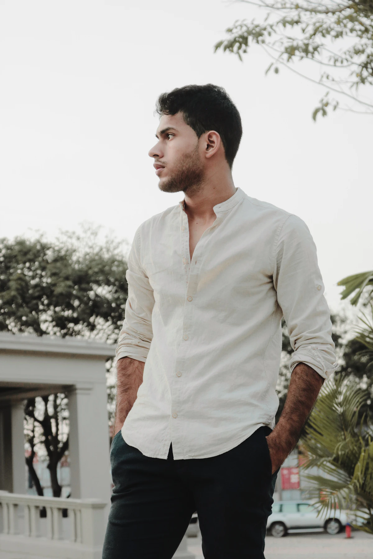 Ecru Band-Collar Shirt in ecru
