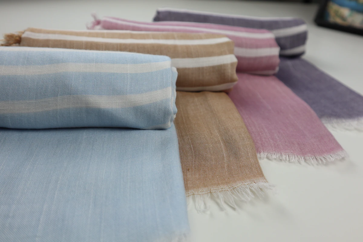 Striped Linen Scarf in blue and rose
